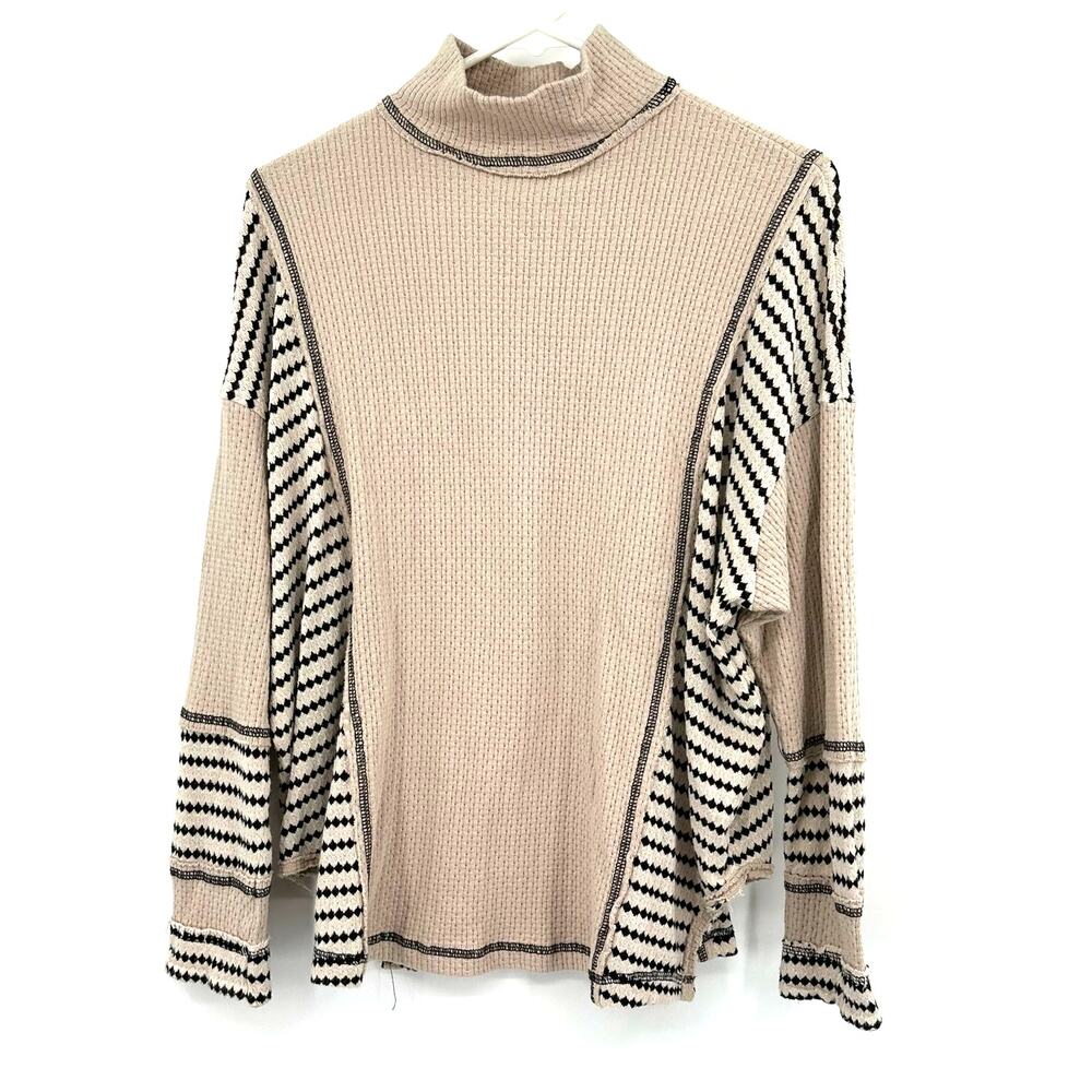 Miss Me Size‎ Small Sweater Cream Black Stripe Turtleneck Batwing Oversized Knit